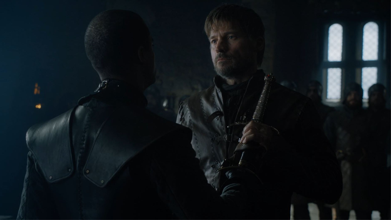 Grey Worm gives Jaime his sword back... for now.